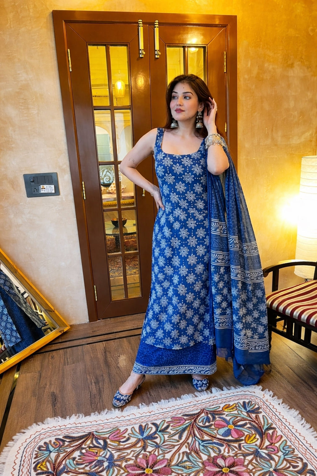 Aadesh Fashion Blue Sleeveless Rayon Slub Kurti Palazzo Set with Chanderi Dupatta