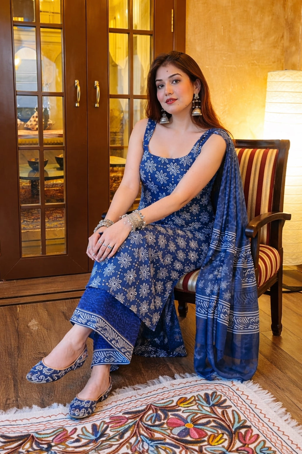 Aadesh Fashion Blue Sleeveless Rayon Slub Kurti Palazzo Set with Chanderi Dupatta
