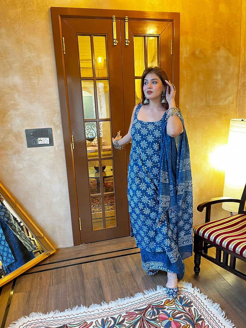Aadesh Fashion Blue Sleeveless Rayon Slub Kurti Palazzo Set with Chanderi Dupatta
