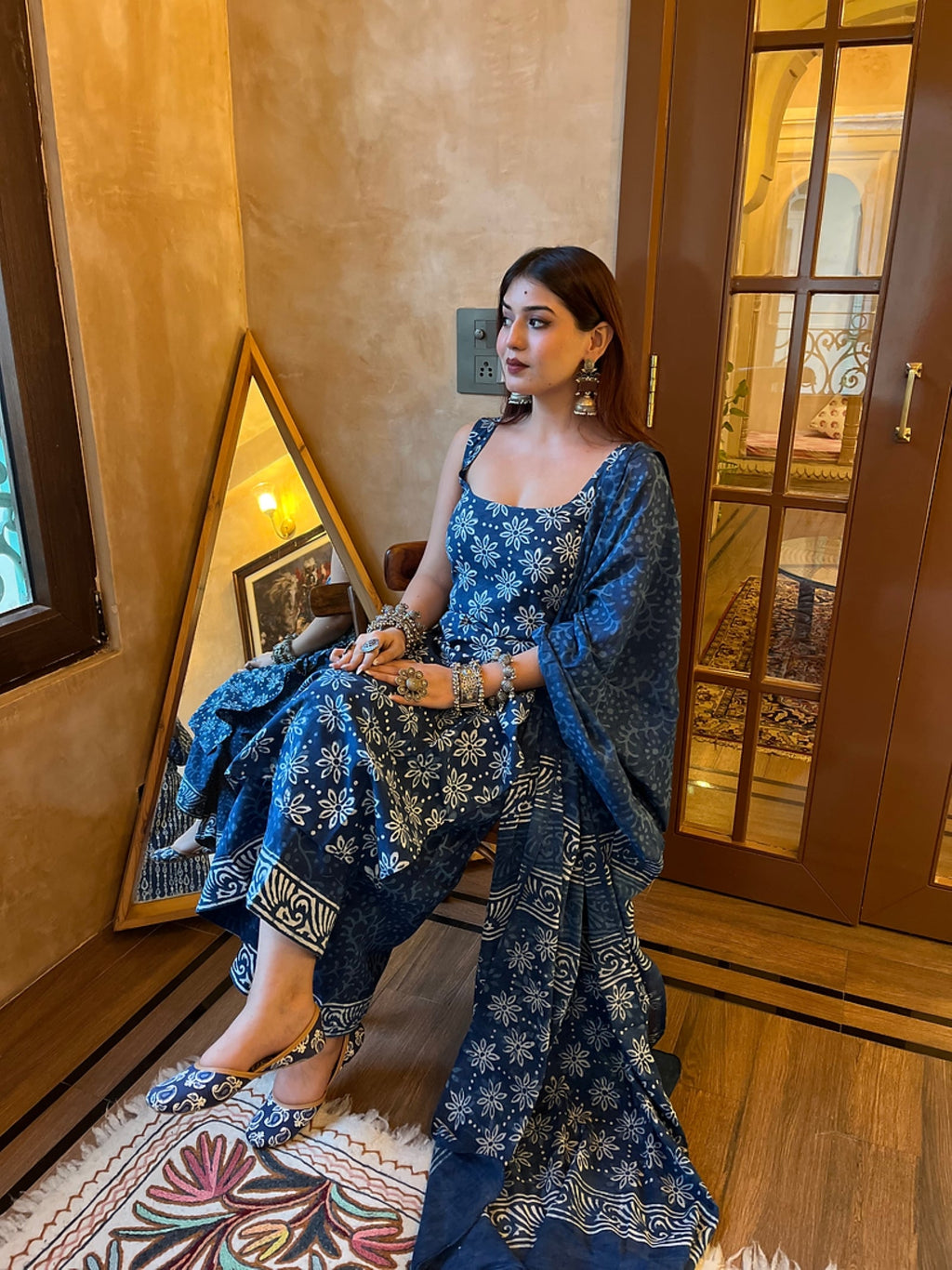 Aadesh Fashion Blue Sleeveless Rayon Slub Kurti Palazzo Set with Chanderi Dupatta