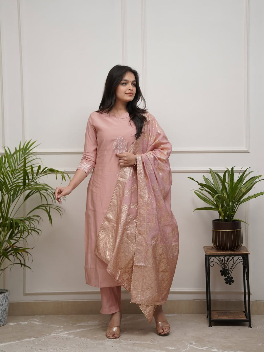 Aadesh Fashion Pastel Peach PV Chanderi Kurti Pant Set with Banarasi Jacquard Dupatta