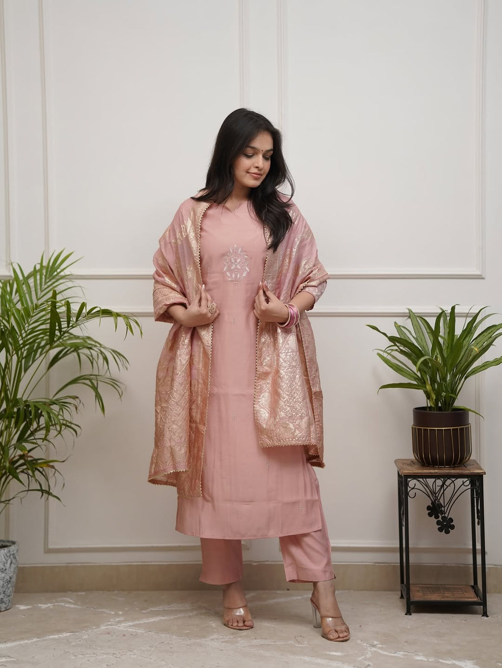 Aadesh Fashion Pastel Peach PV Chanderi Kurti Pant Set with Banarasi Jacquard Dupatta