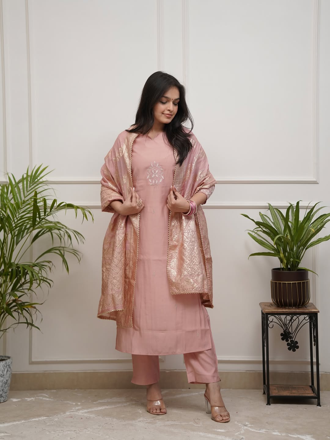 Aadesh Fashion Pastel Peach PV Chanderi Kurti Pant Set with Banarasi Jacquard Dupatta