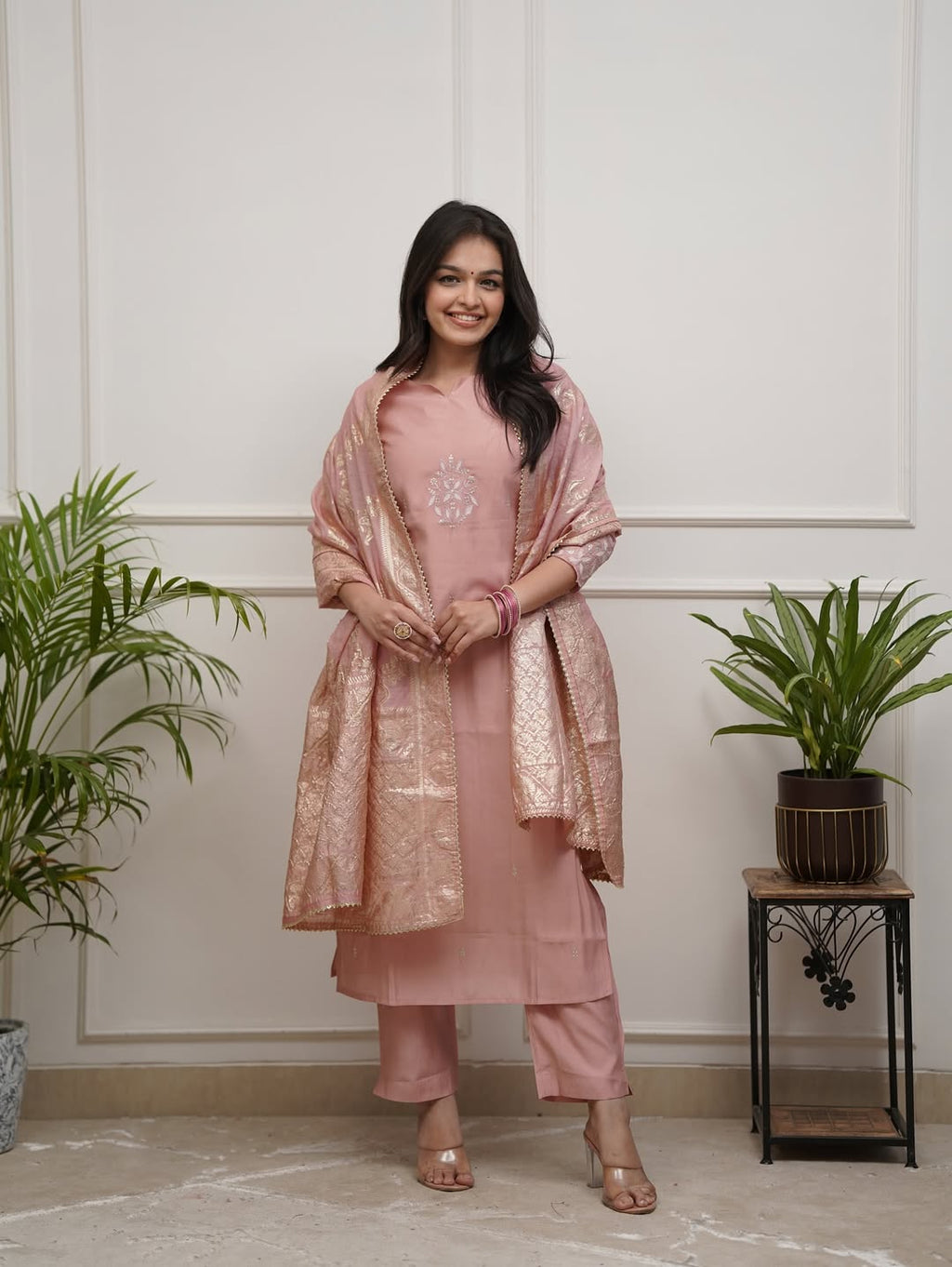 Aadesh Fashion Pastel Peach PV Chanderi Kurti Pant Set with Banarasi Jacquard Dupatta