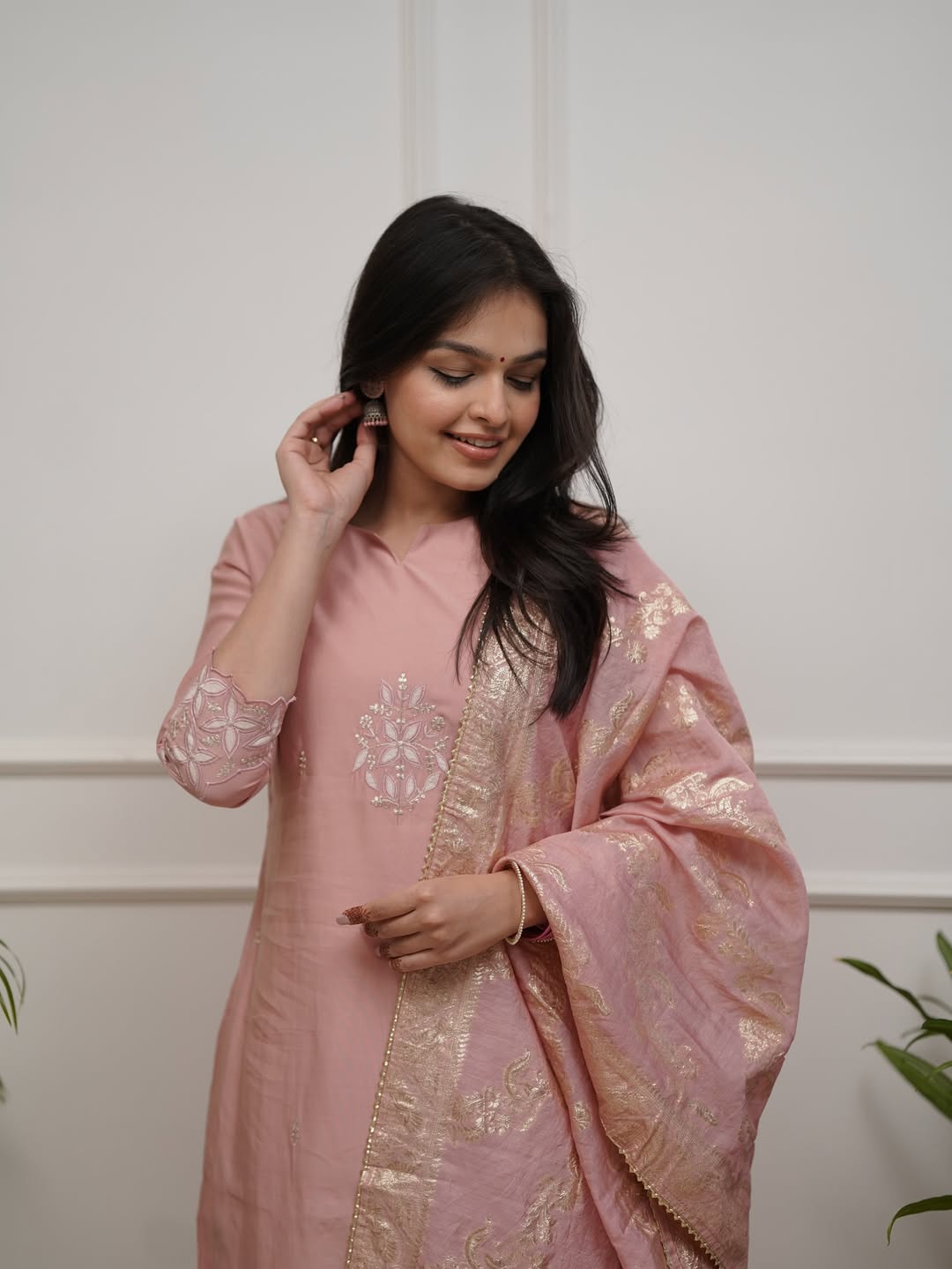 Aadesh Fashion Pastel Peach PV Chanderi Kurti Pant Set with Banarasi Jacquard Dupatta
