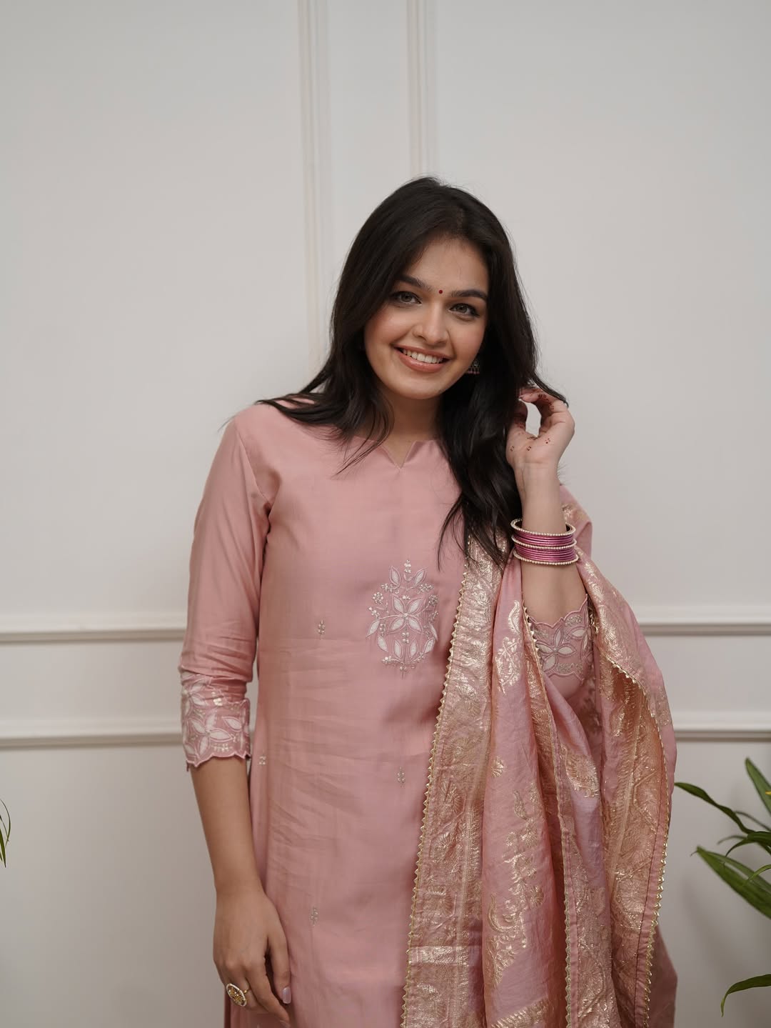 Aadesh Fashion Pastel Peach PV Chanderi Kurti Pant Set with Banarasi Jacquard Dupatta