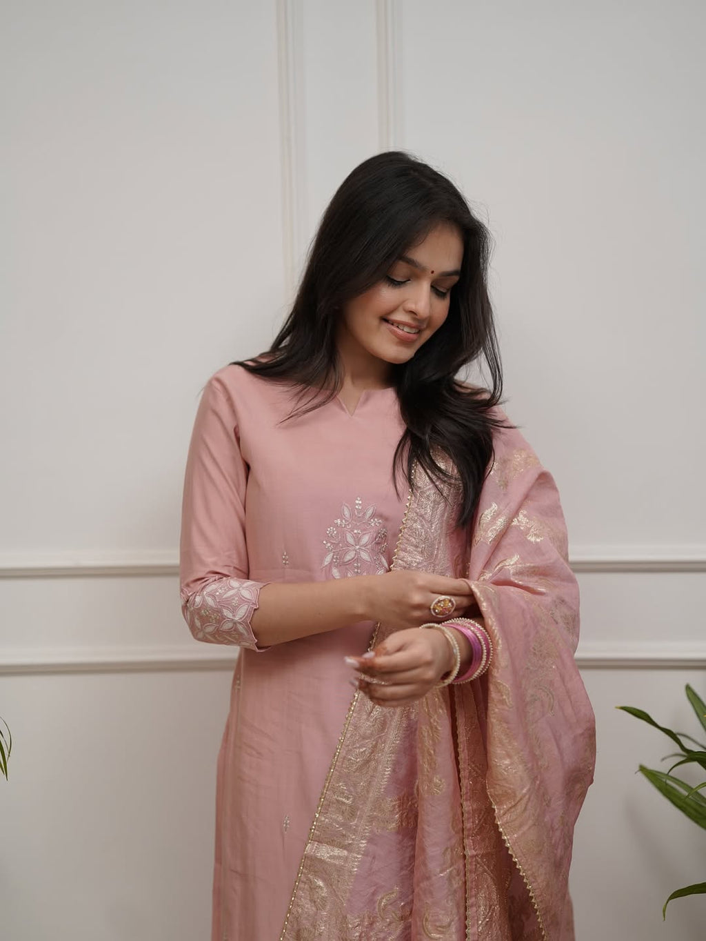 Aadesh Fashion Pastel Peach PV Chanderi Kurti Pant Set with Banarasi Jacquard Dupatta