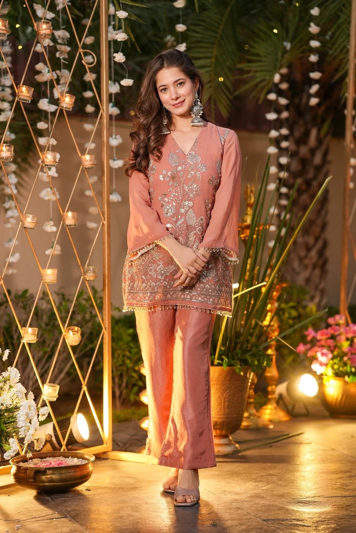 Aadesh Fashion Rose Gold Crunchy Silk Short Kurti Pant Set with Heavy Embroidery