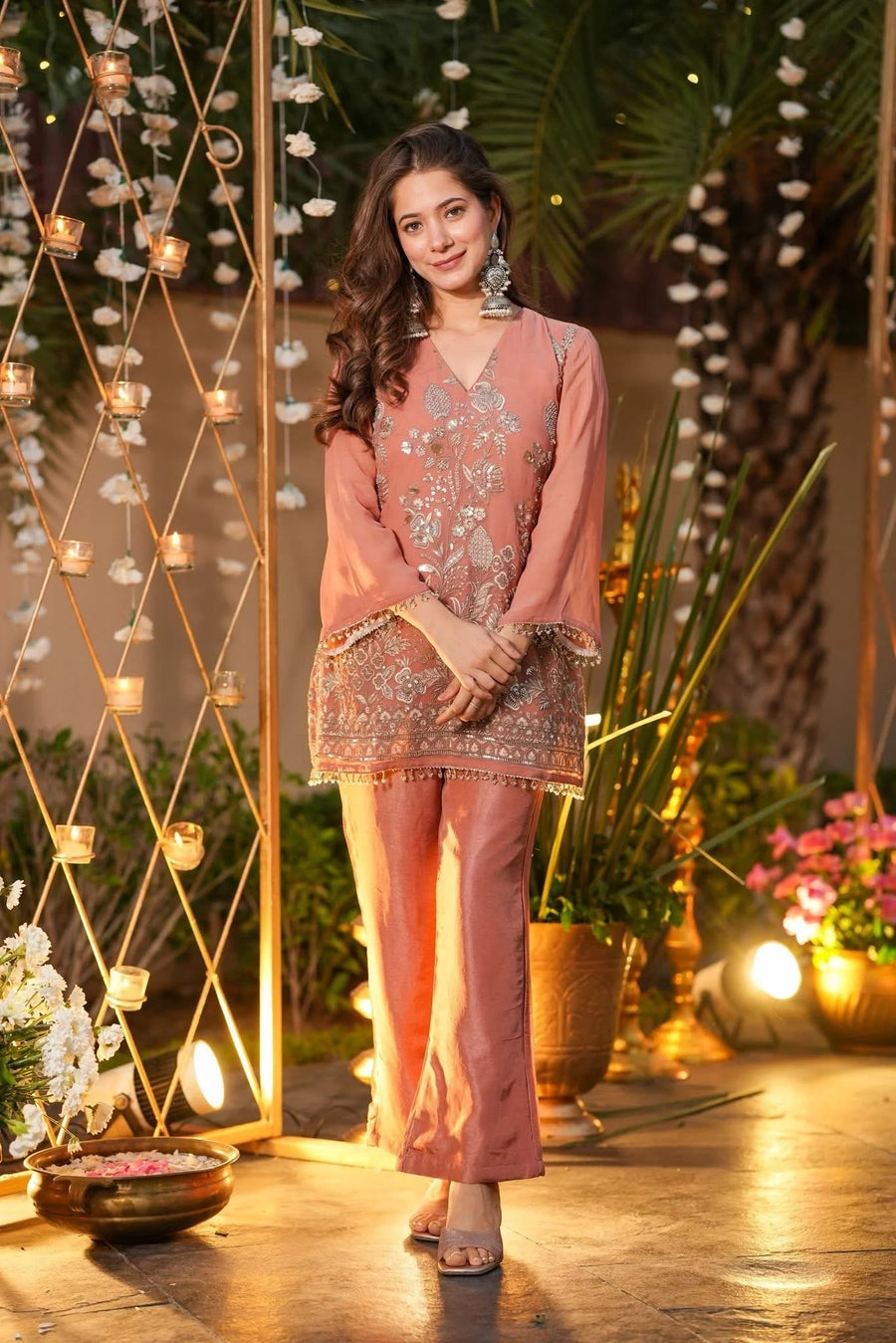 Aadesh Fashion Rose Gold Crunchy Silk Short Kurti Pant Set with Heavy Embroidery