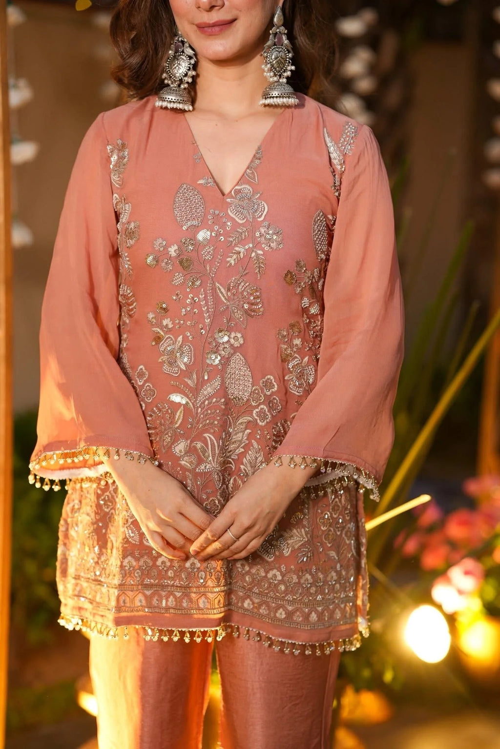 Aadesh Fashion Rose Gold Crunchy Silk Short Kurti Pant Set with Heavy Embroidery