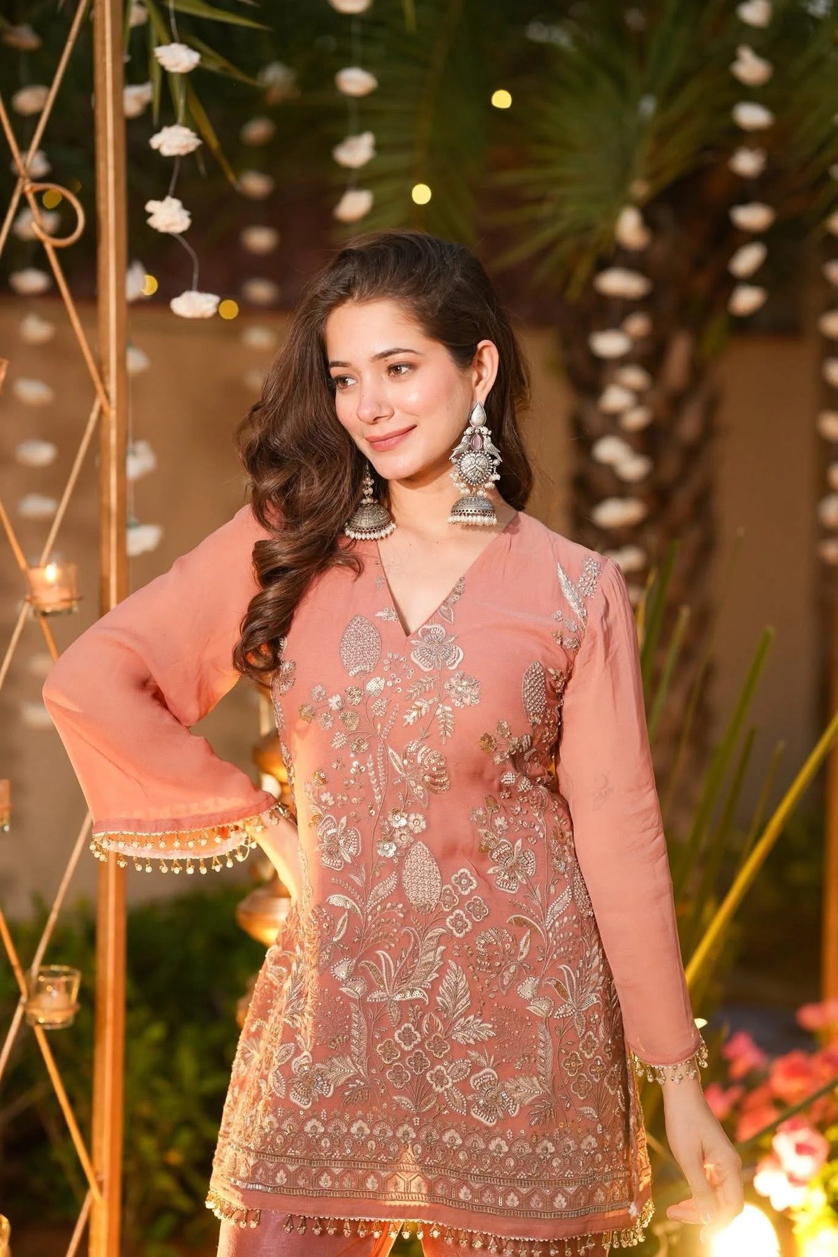 Aadesh Fashion Rose Gold Crunchy Silk Short Kurti Pant Set with Heavy Embroidery