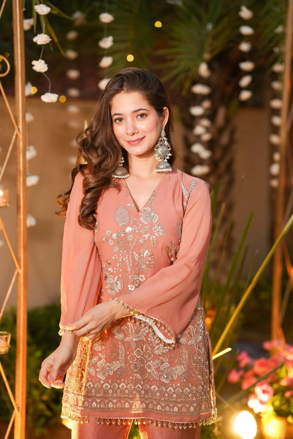 Aadesh Fashion Rose Gold Crunchy Silk Short Kurti Pant Set with Heavy Embroidery
