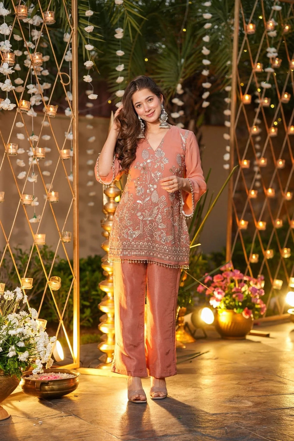 Aadesh Fashion Rose Gold Crunchy Silk Short Kurti Pant Set with Heavy Embroidery
