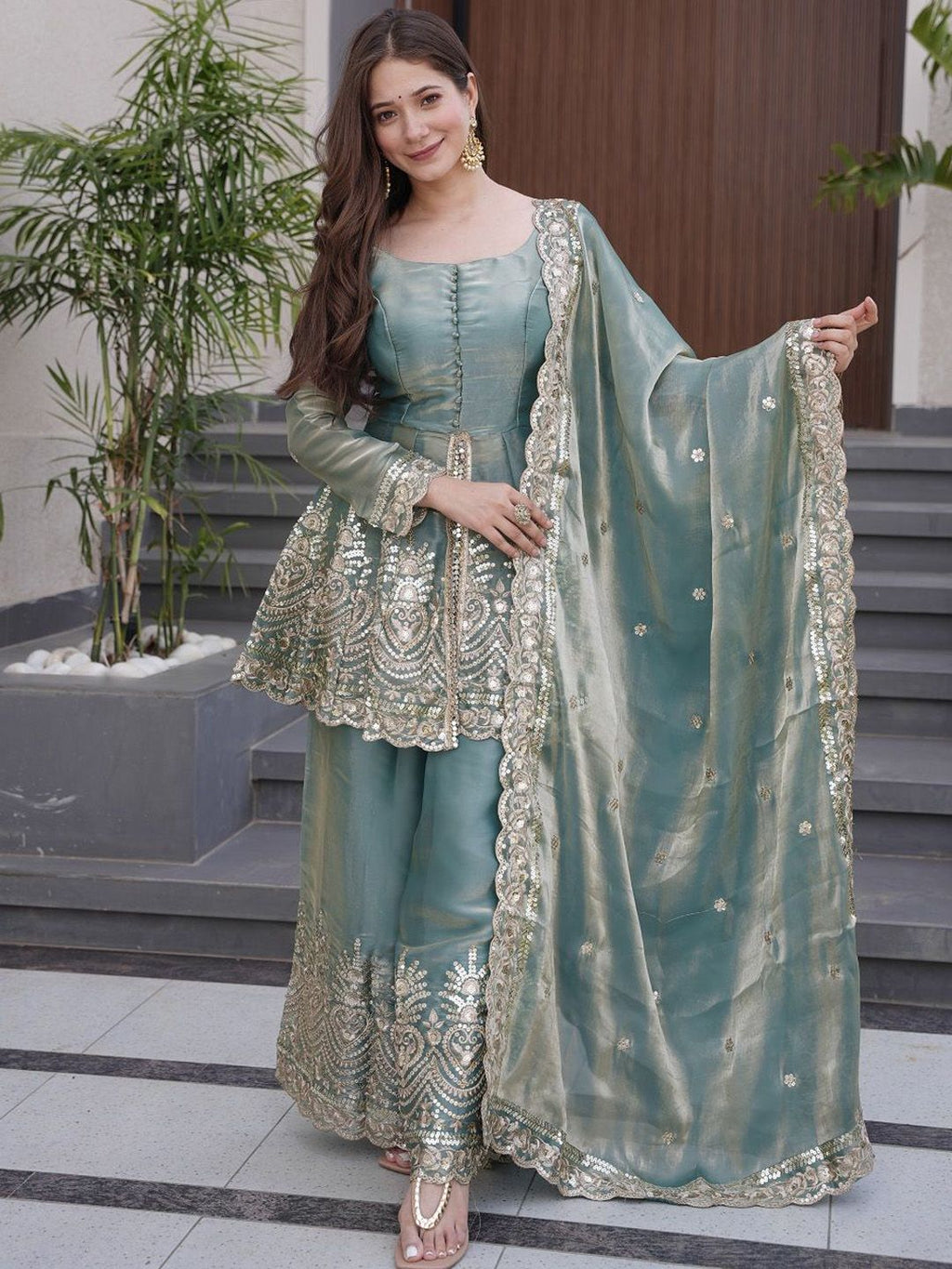 Aadesh Fashion Sky Blue Shimmer Satin Peplum Kurti Sharara Set with Scalloped Dupatta