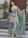 Aadesh Fashion Sky Blue Shimmer Satin Peplum Kurti Sharara Set with Scalloped Dupatta
