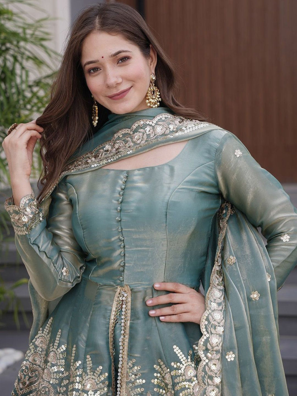 Aadesh Fashion Sky Blue Shimmer Satin Peplum Kurti Sharara Set with Scalloped Dupatta