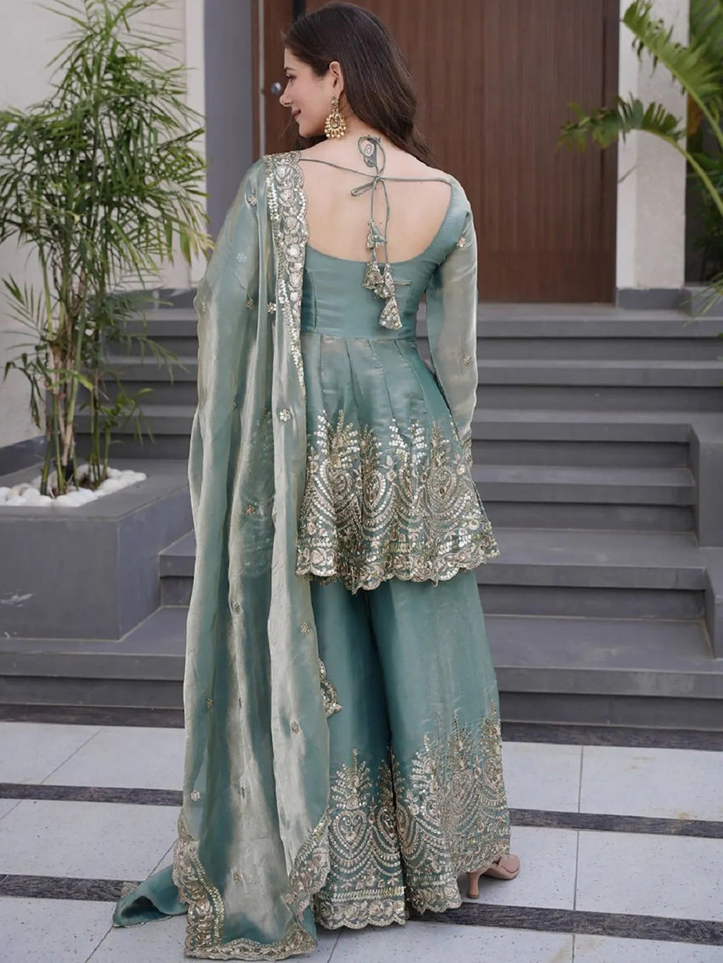 Aadesh Fashion Sky Blue Shimmer Satin Peplum Kurti Sharara Set with Scalloped Dupatta