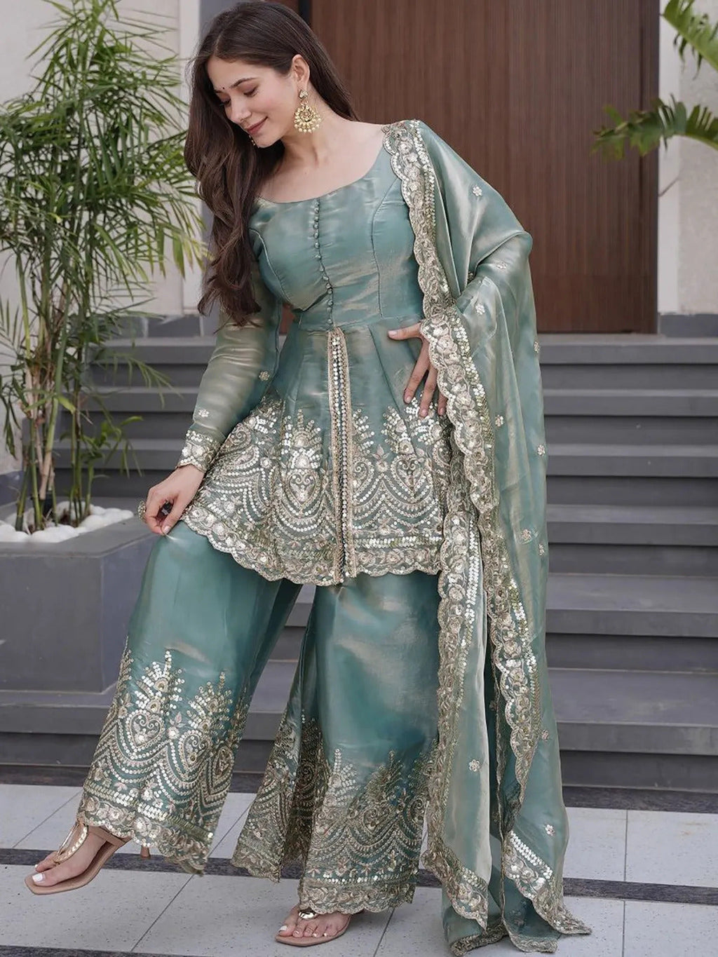 Aadesh Fashion Sky Blue Shimmer Satin Peplum Kurti Sharara Set with Scalloped Dupatta
