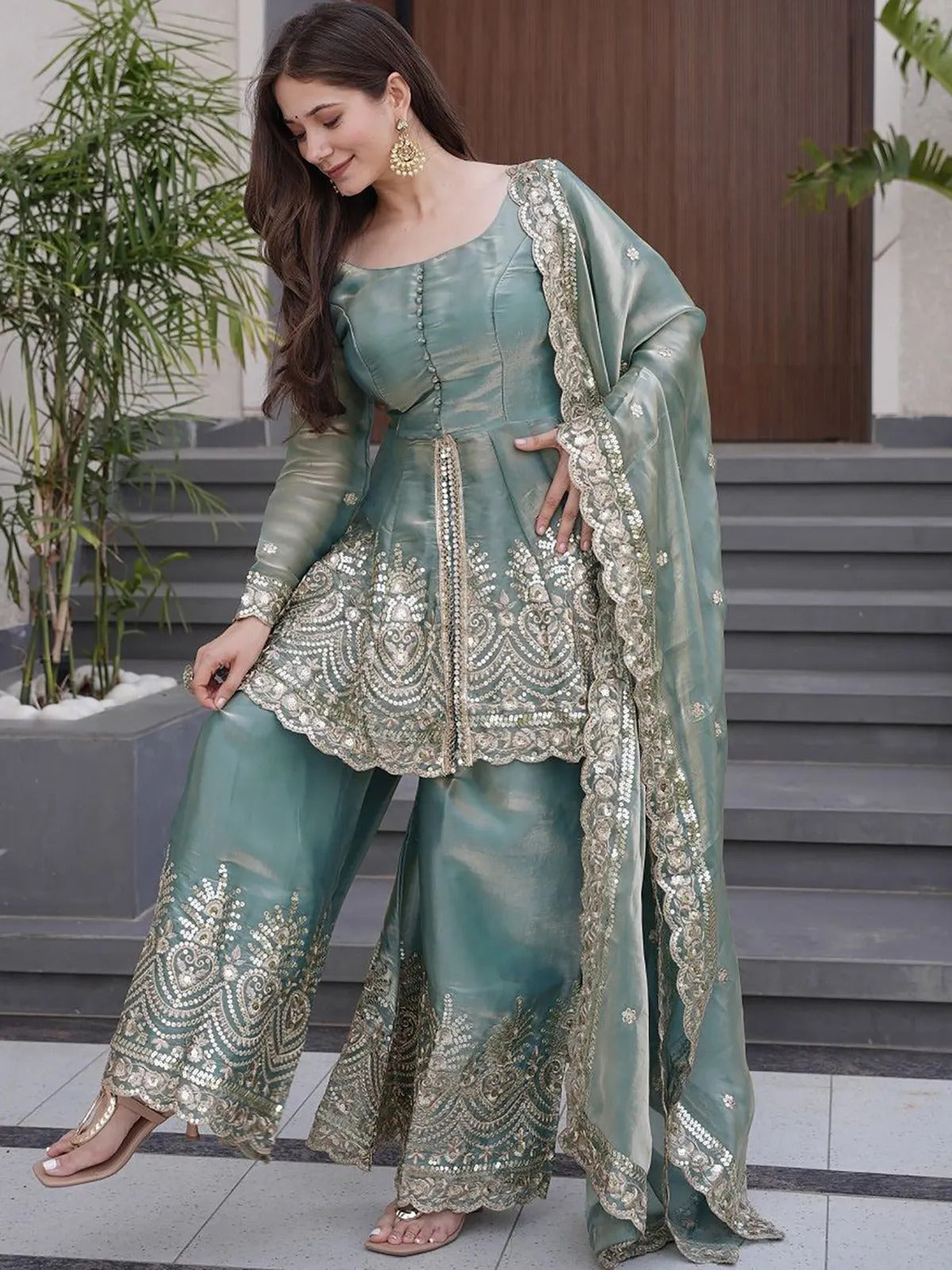 Aadesh Fashion Sky Blue Shimmer Satin Peplum Kurti Sharara Set with Scalloped Dupatta