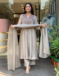 Aadesh Fashion Grey Muslin Cotton Flared Kurti Pant Set with Cutwork Dupatta