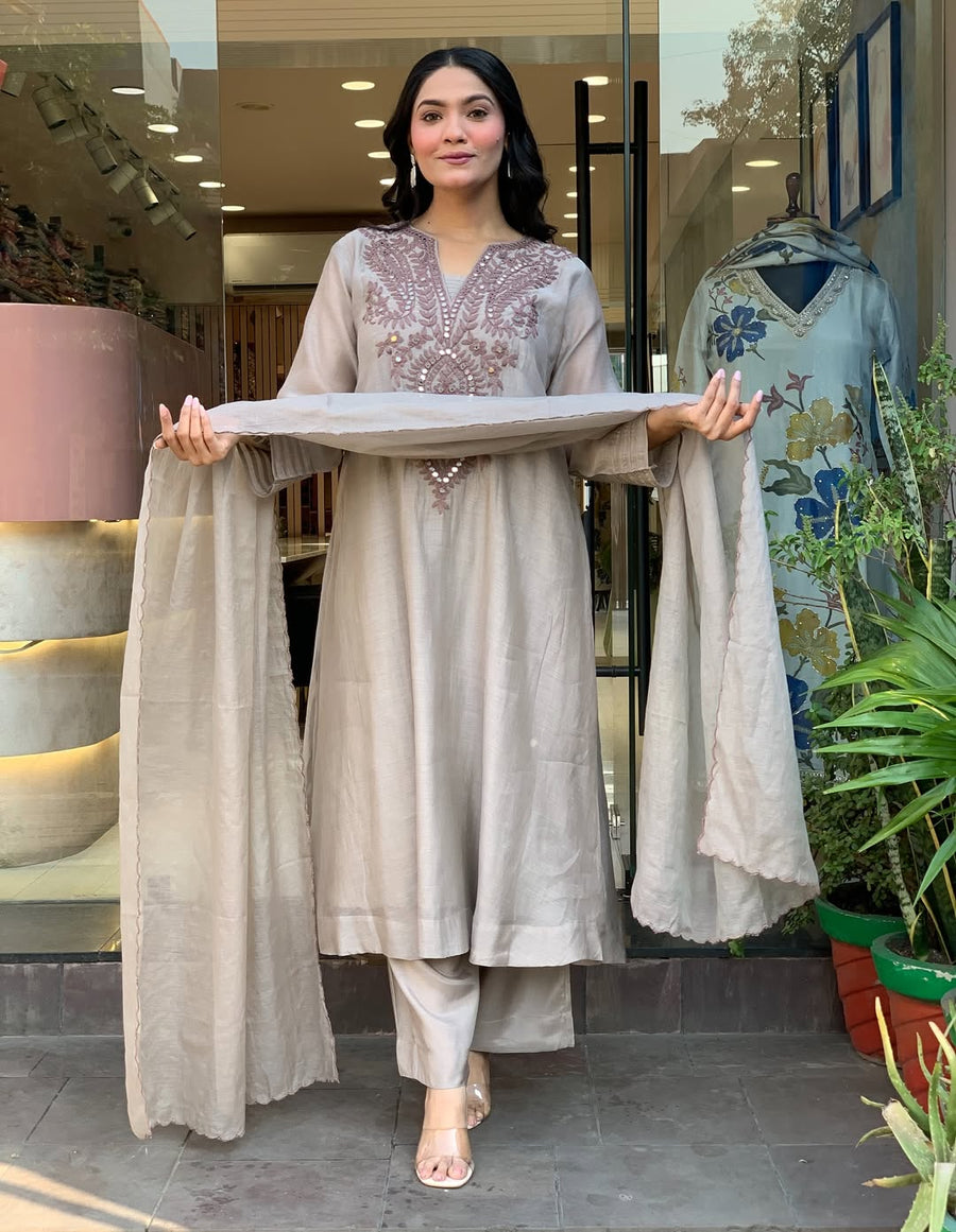 Aadesh Fashion Grey Muslin Cotton Flared Kurti Pant Set with Cutwork Dupatta