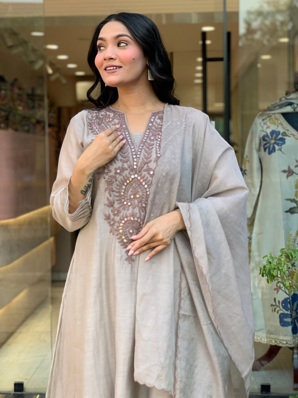 Aadesh Fashion Grey Muslin Cotton Flared Kurti Pant Set with Cutwork Dupatta