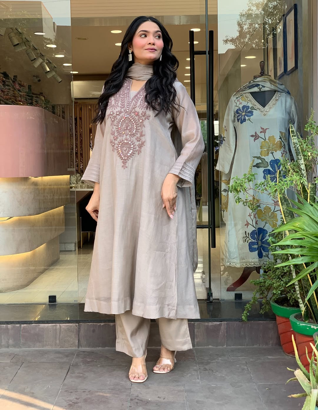 Aadesh Fashion Grey Muslin Cotton Flared Kurti Pant Set with Cutwork Dupatta