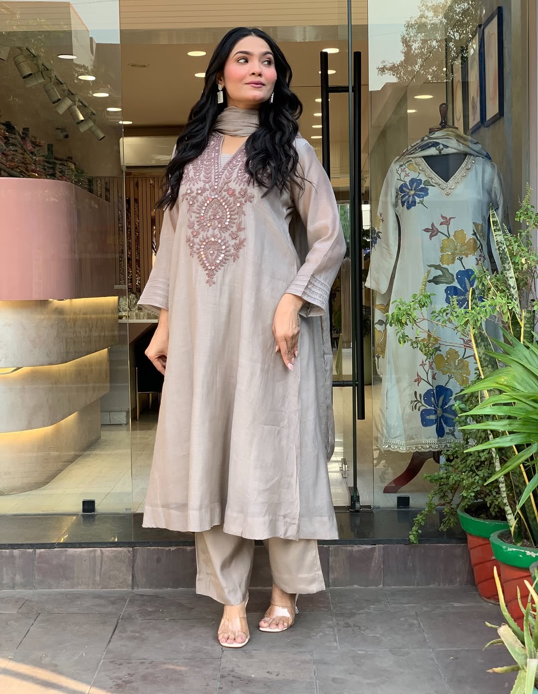 Aadesh Fashion Grey Muslin Cotton Flared Kurti Pant Set with Cutwork Dupatta