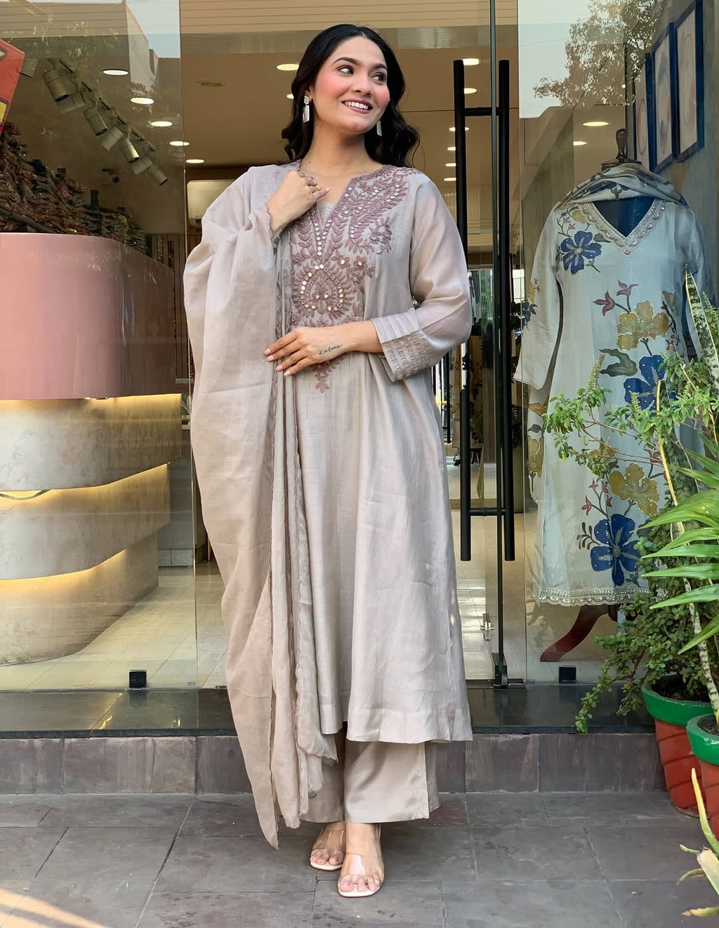 Aadesh Fashion Grey Muslin Cotton Flared Kurti Pant Set with Cutwork Dupatta