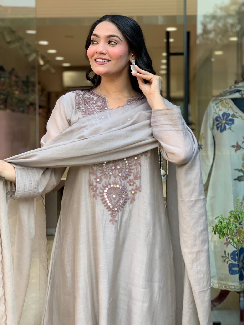Aadesh Fashion Grey Muslin Cotton Flared Kurti Pant Set with Cutwork Dupatta