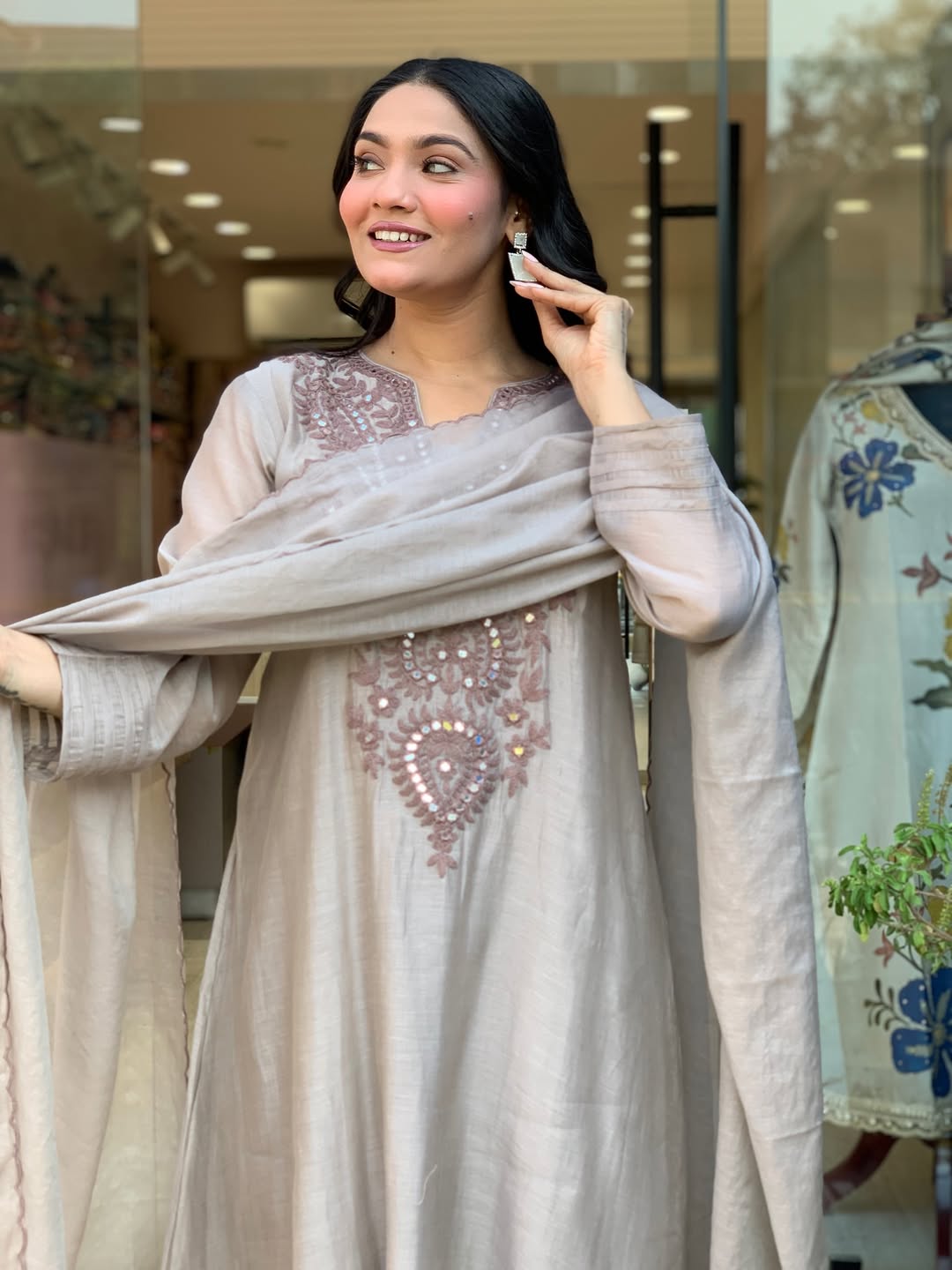 Aadesh Fashion Grey Muslin Cotton Flared Kurti Pant Set with Cutwork Dupatta