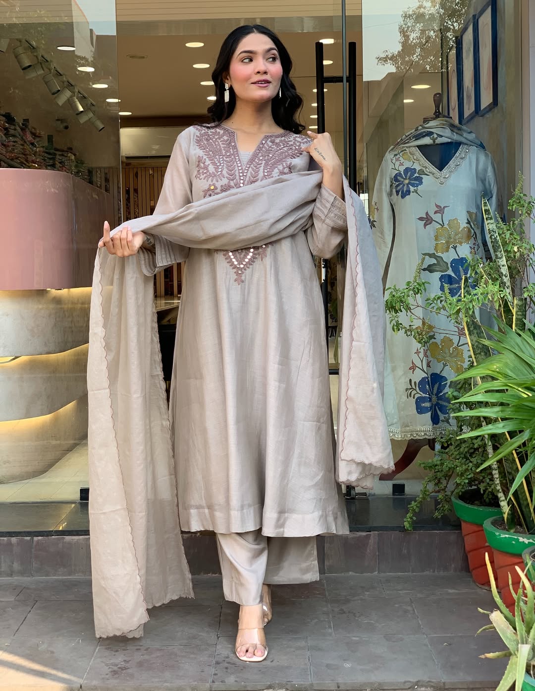 Aadesh Fashion Grey Muslin Cotton Flared Kurti Pant Set with Cutwork Dupatta