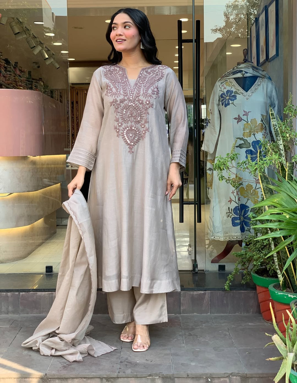 Aadesh Fashion Grey Muslin Cotton Flared Kurti Pant Set with Cutwork Dupatta