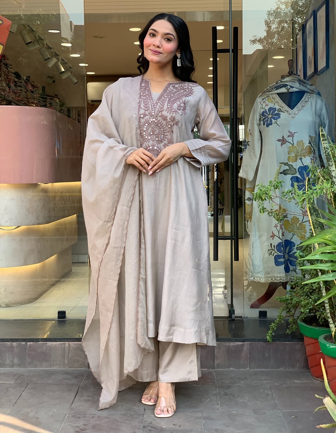 Aadesh Fashion Grey Muslin Cotton Flared Kurti Pant Set with Cutwork Dupatta