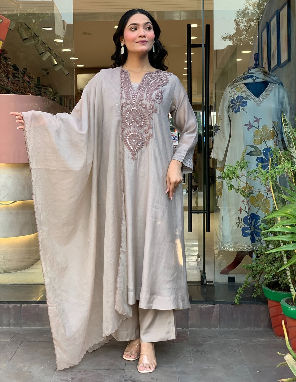 Aadesh Fashion Grey Muslin Cotton Flared Kurti Pant Set with Cutwork Dupatta