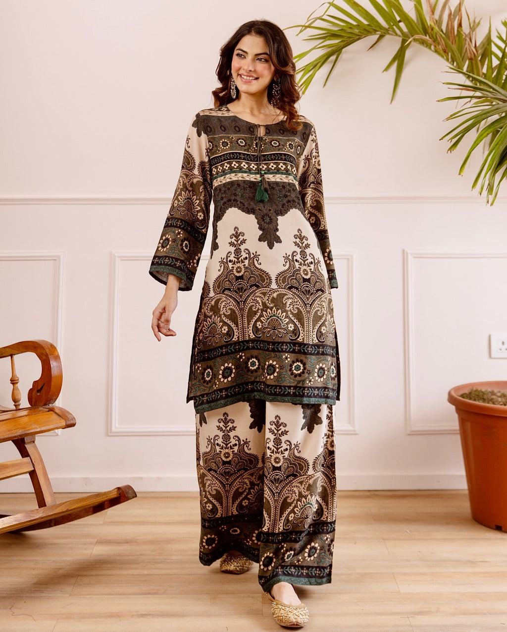 Aadesh Fashion Charcoal Black Digital Paisley Designer Cotton Co-ord For Women