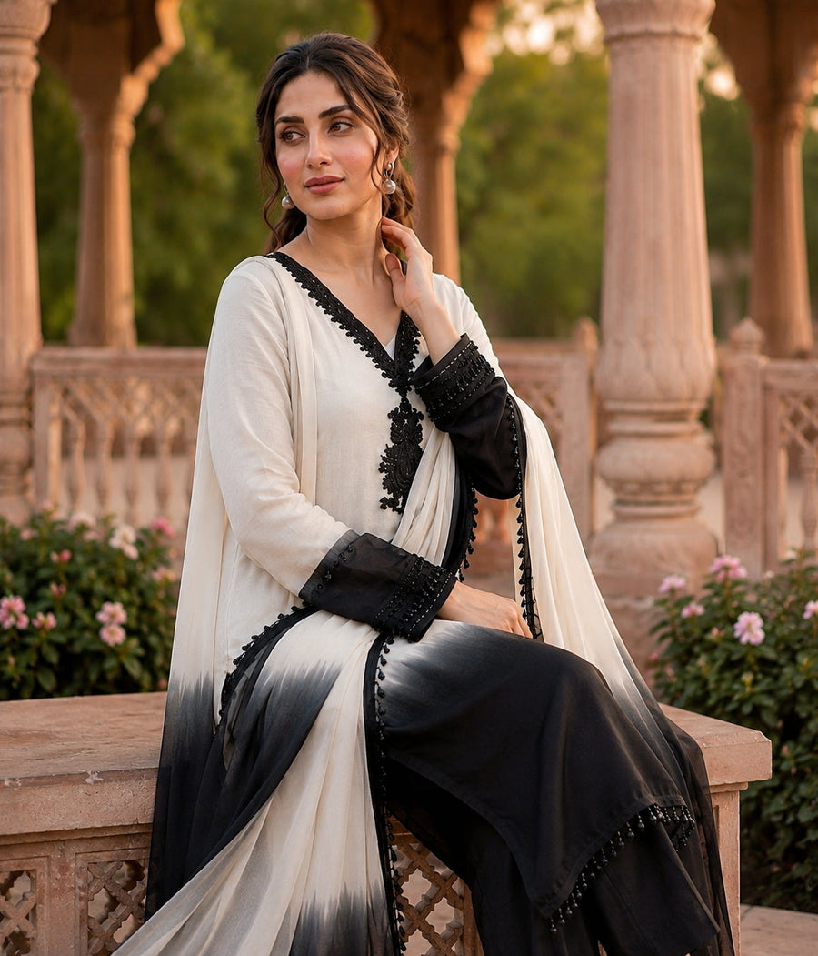 Aadesh Fashion Off-White & Black Crepe Silk Ombre Kurti Pant Set with Georgette Dupatta