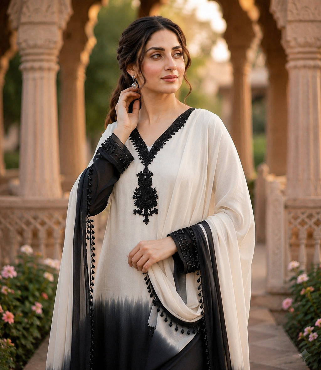 Aadesh Fashion Off-White & Black Crepe Silk Ombre Kurti Pant Set with Georgette Dupatta