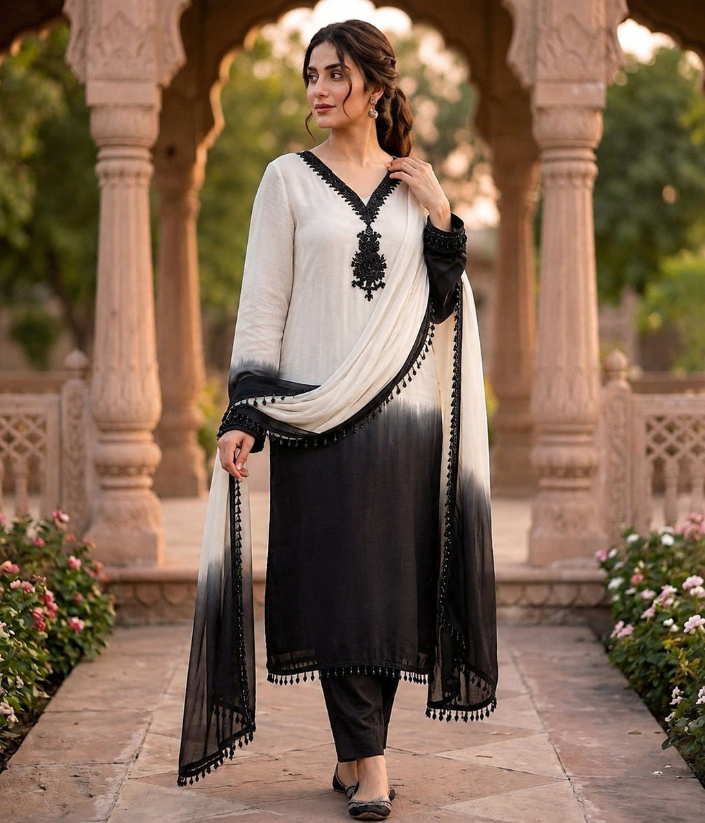 Aadesh Fashion Off-White & Black Crepe Silk Ombre Kurti Pant Set with Georgette Dupatta