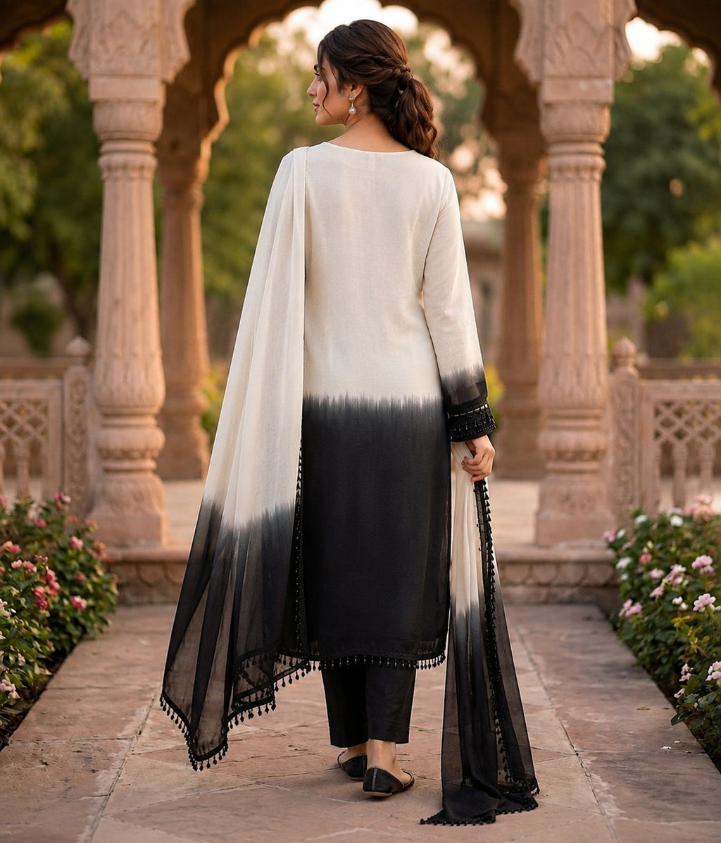 Aadesh Fashion Off-White & Black Crepe Silk Ombre Kurti Pant Set with Georgette Dupatta
