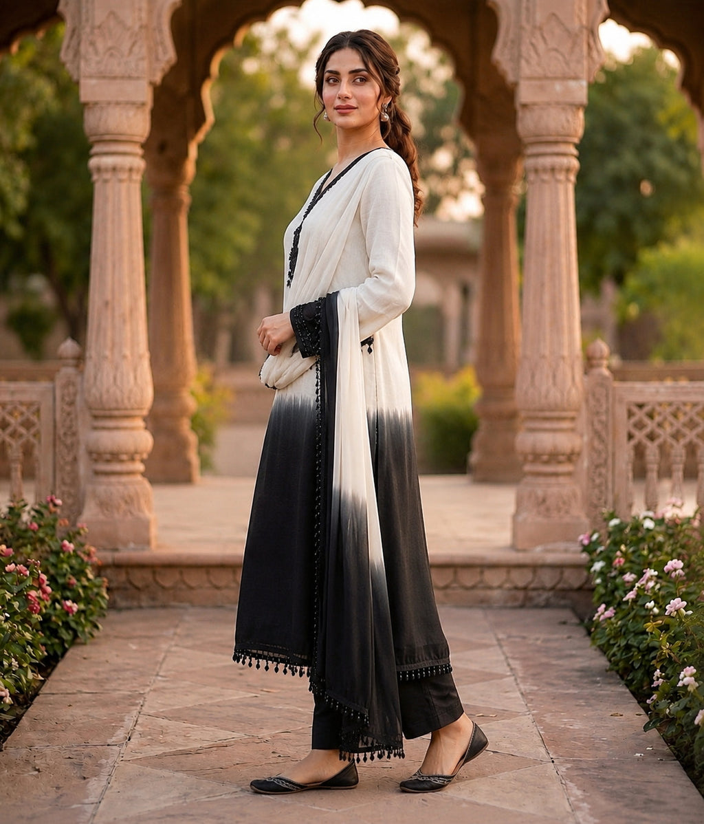 Aadesh Fashion Off-White & Black Crepe Silk Ombre Kurti Pant Set with Georgette Dupatta