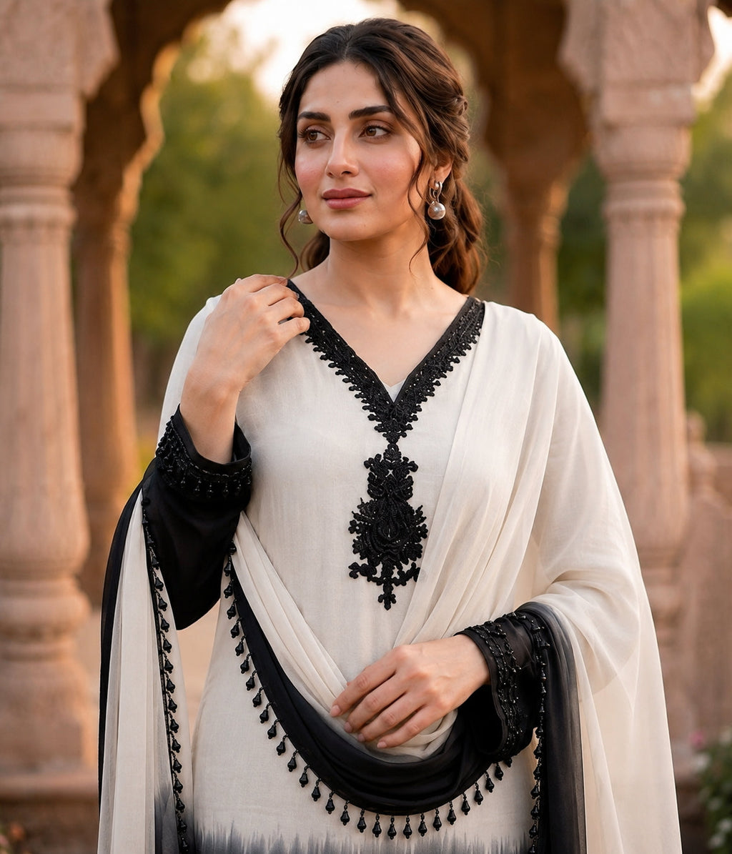 Aadesh Fashion Off-White & Black Crepe Silk Ombre Kurti Pant Set with Georgette Dupatta