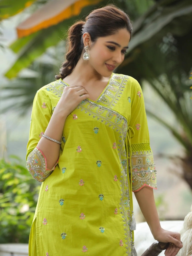 Aadesh Fashion Lemon Yellow Chanderi Cotton Angrakha Kurti Pant Set