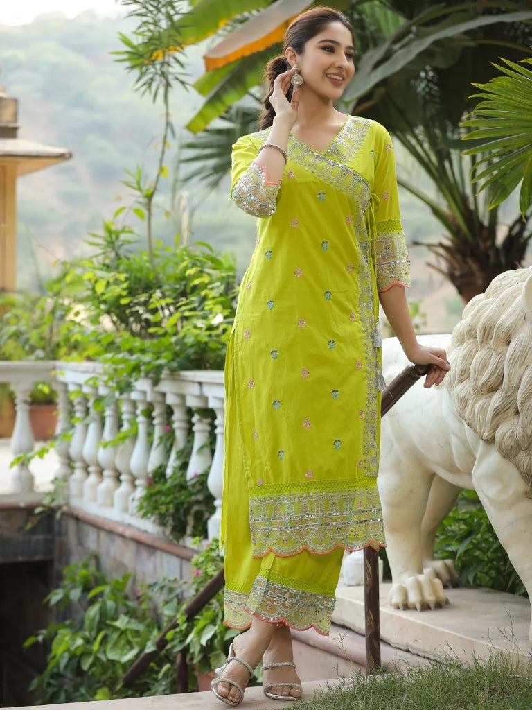 Aadesh Fashion Lemon Yellow Chanderi Cotton Angrakha Kurti Pant Set