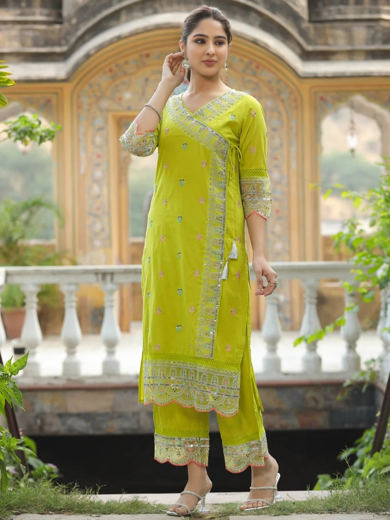 Aadesh Fashion Lemon Yellow Chanderi Cotton Angrakha Kurti Pant Set