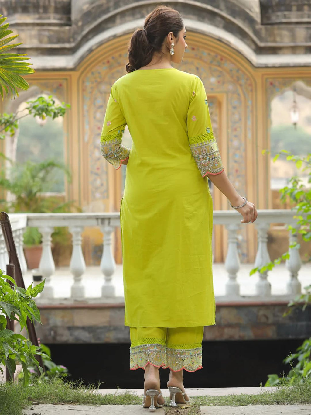 Aadesh Fashion Lemon Yellow Chanderi Cotton Angrakha Kurti Pant Set