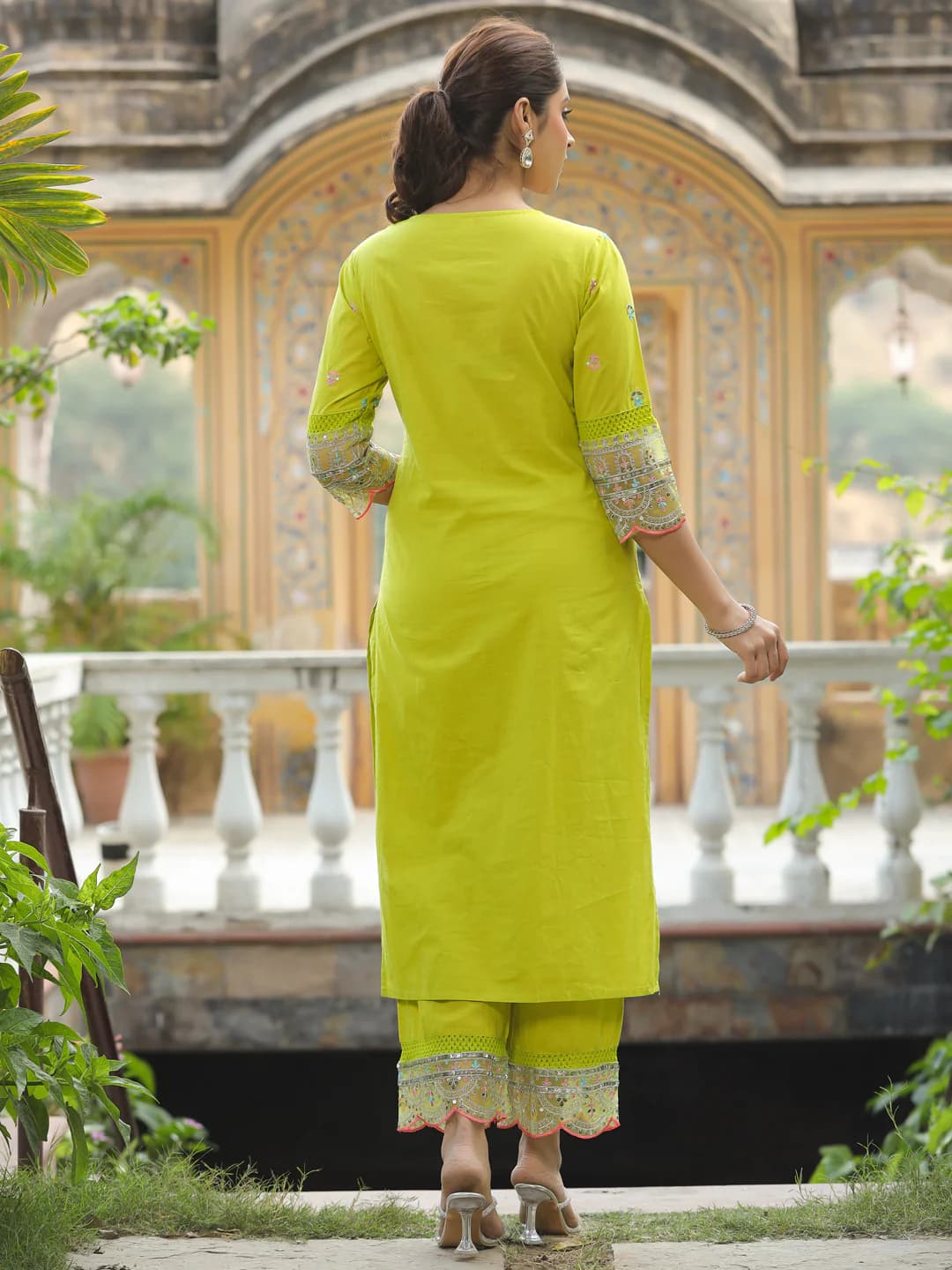 Aadesh Fashion Lemon Yellow Chanderi Cotton Angrakha Kurti Pant Set