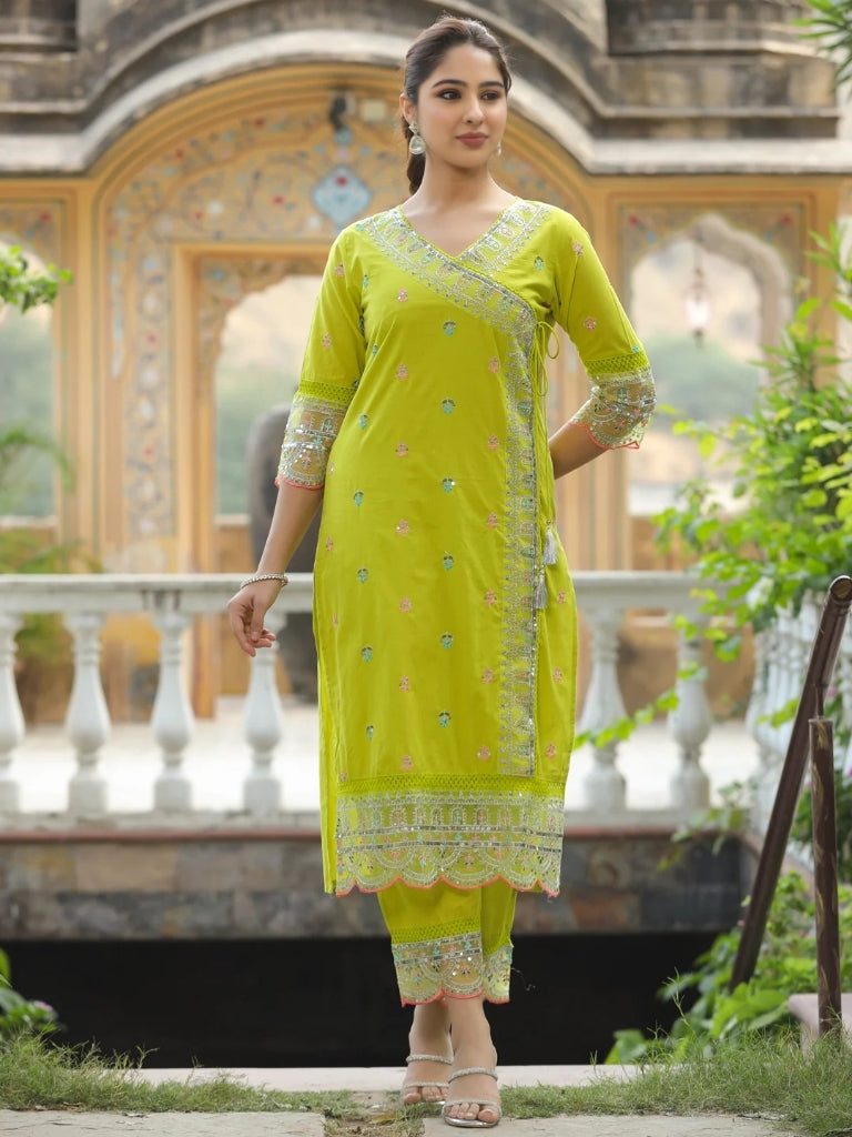 Aadesh Fashion Lemon Yellow Chanderi Cotton Angrakha Kurti Pant Set