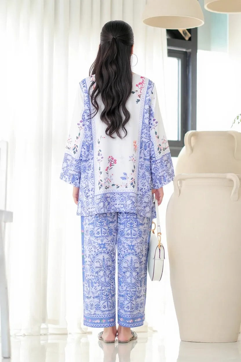 Aadesh Fashion Paris White & Blue Rayon Printed Designer Co-ord Set