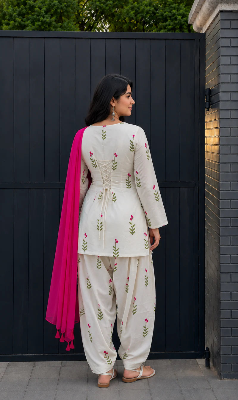Bohemian Floral Print Cotton Cambric Short Kurti Patiala Suit Set with Chanderi Dupatta – 3-Piece Back Lace-Up Co-ord Set